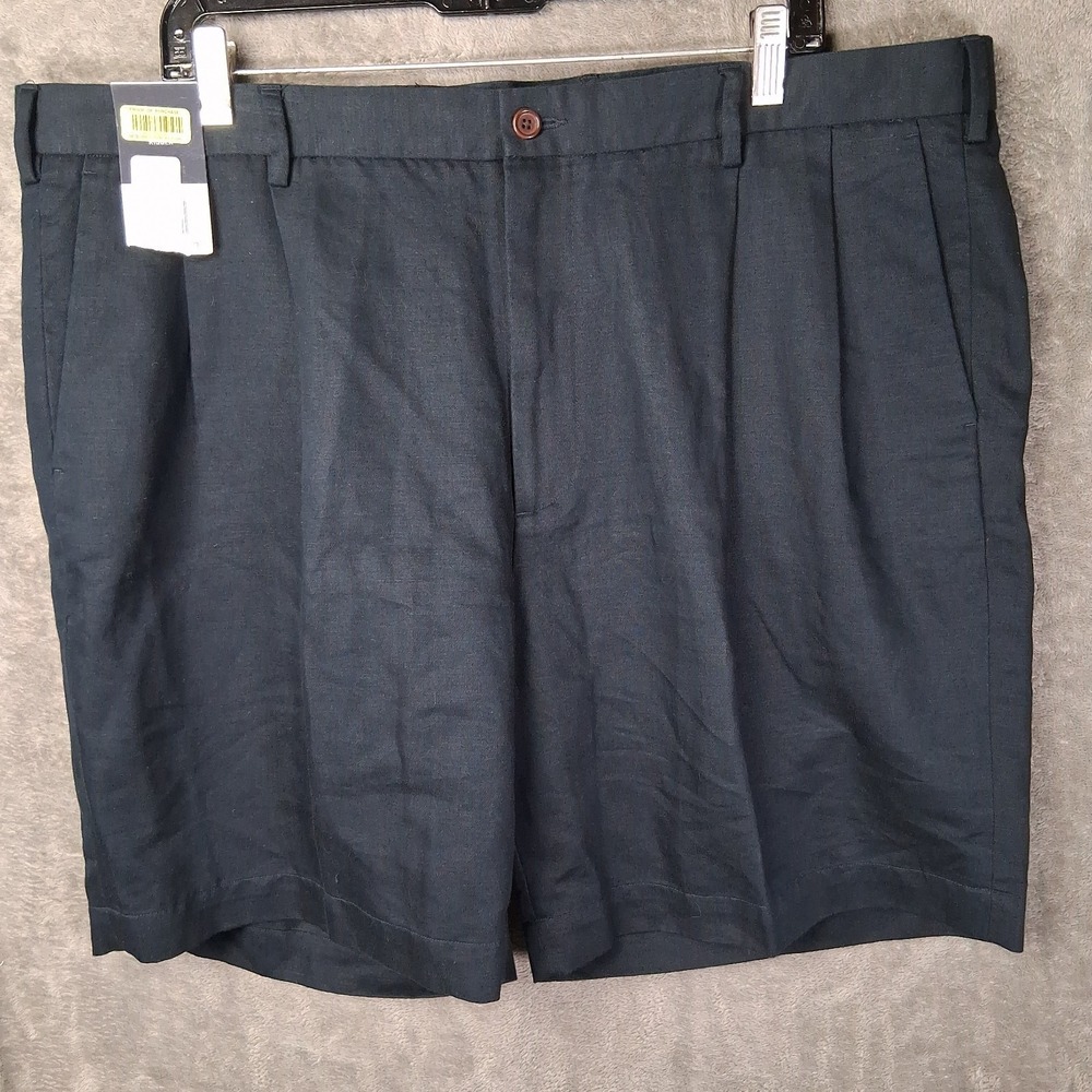 New Nautica Classic Fit Rigger Shorts Men's 42 Navy Blue Pleated Linen Blend